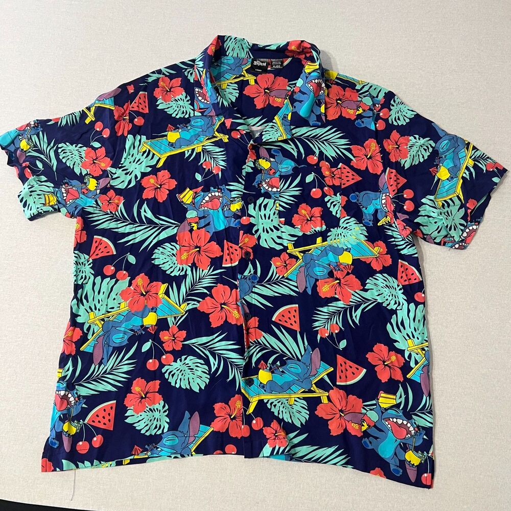 Disney Stitch Mens XL Hawaiian Shirt Tropical Floral Rayon Aloha Button Up